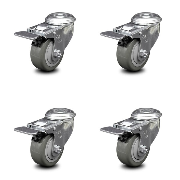 3 Inch Gray Polyurethane Swivel Bolt Hole Caster Set with Total Lock Brake SCC